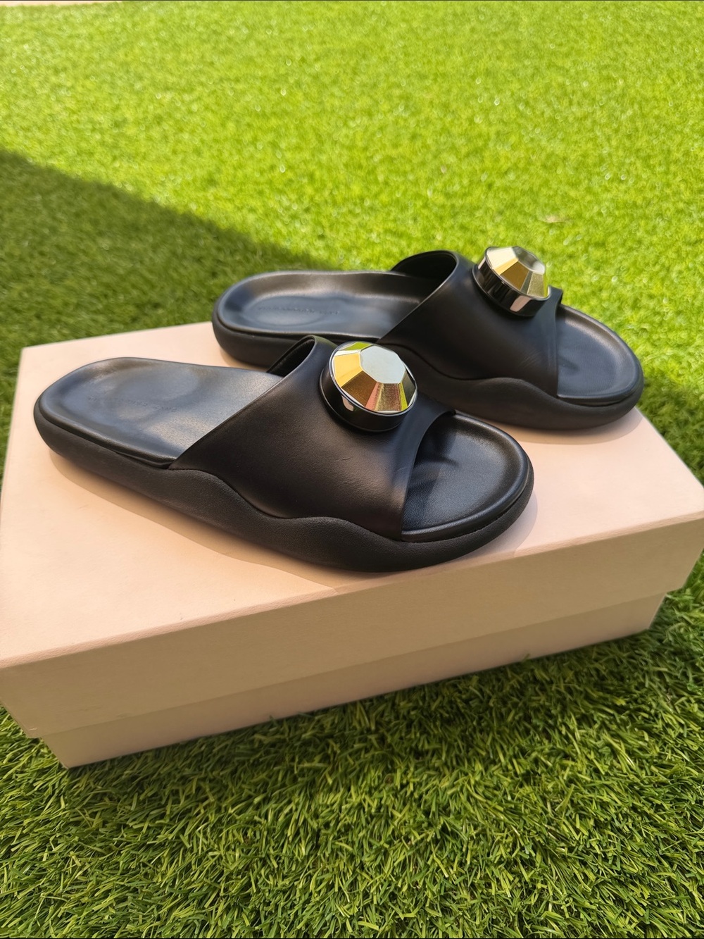 Christopher Kane Black Slide Mules with Faceted Metallic Accent